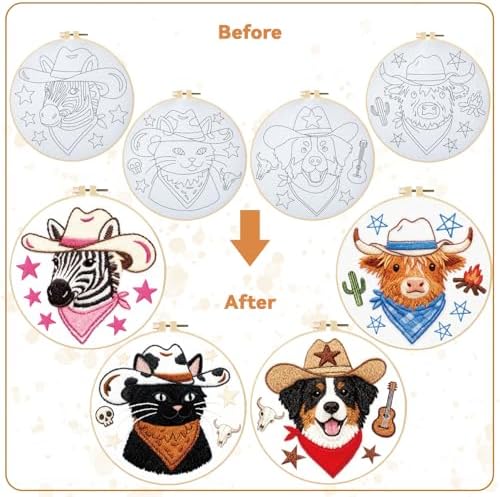 BEUNITONE 4 Set Embroidery Kit for Beginners, Animal Cowboy Patterns Cross Stitch Kits, Needlepoint Kits for Adults with Hoop, Cute Hand Embroidery Patterns for Cloth and Home Decor - Image 4