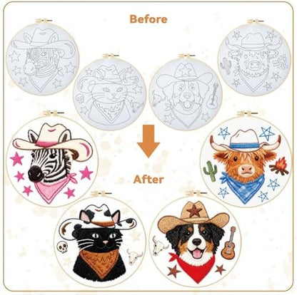 BEUNITONE 4 Set Embroidery Kit for Beginners, Animal Cowboy Patterns Cross Stitch Kits, Needlepoint Kits for Adults with Hoop, Cute Hand Embroidery Patterns for Cloth and Home Decor - Image 4