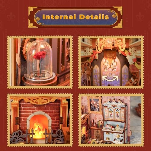 Tonecheer DIY Book Nook Kit for Adults, 3D Wooden Puzzle Music Booknook Miniature Dollhouse, Fairy Tale Bookend Bookshelf Decor with Dust Cover and LED Lights Gifts (Beast‌ and Beauty) - Image 6