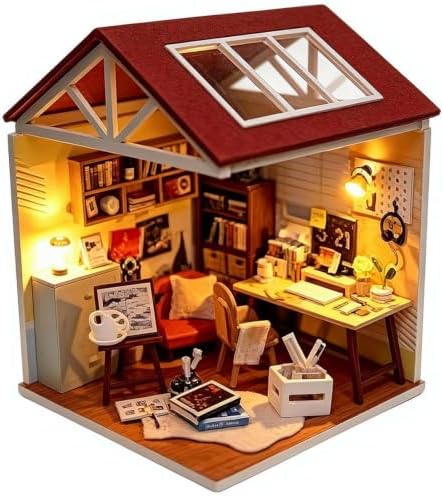 DIY Miniature House Kit with LED Light and Dust Cover, 3D Wooden Dollhouse Assembly Model Building Kit for Adults Teens, Creative Craft Project, Bookshelf Decor and Birthday Gift (Painting Room) by Unknown