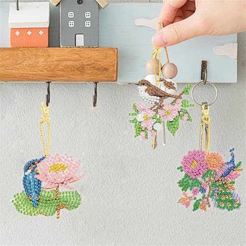 LAKEQUILL 15Pcs 5D DIY Diamond Art Painting Keychain Kits - Double Sided Flowers Animals Pendants Decorative Key Rings for Adults Beginners Craft - Image 2