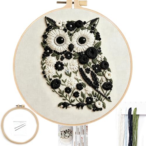 FONNUY Floral Owl Embroidery Kit for Beginners, DIY Handmade Flower Animal Embroidery Set with Hoop, Stamped Cross Stitch Kit for Adults, Unique Home Wall Art Decor & Craft Gift (Black) by FONNUY