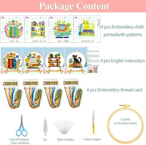 Zhenqing 4 Themes Cross Stitch Kit Set - 11CT 9.45x9.45Inch, Coffee/Books/Cats/Floral Designs, DIY Embroidery Kit with Full Tools (Hoops, Scissors, Tassels) & Guide, Cozy Home Decor Gift(69601) - Image 4