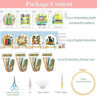 Zhenqing 4 Themes Cross Stitch Kit Set - 11CT 9.45x9.45Inch, Coffee/Books/Cats/Floral Designs, DIY Embroidery Kit with Full Tools (Hoops, Scissors, Tassels) & Guide, Cozy Home Decor Gift(69601) - Image 4