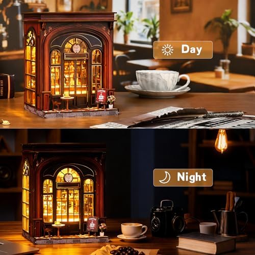 DIY Book Nook Kit, 3D Wooden Puzzle Miniature House with LED Light, Dollhouse Bookshelf Insert, Tiny House Model Building Kit, Unique Creative Gift for Adults and Teens (Warmglow Coffee) - Image 5