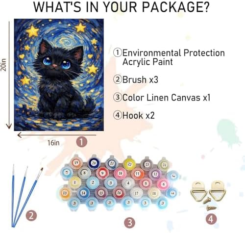 xackcme Cat Paint by Numbers for Adults - Starry Sky Paint by Number on Canvas Without Frame, DIY Black Cat Oil Painting for Gift Home Wall Decor (16x20 inch) - Image 2
