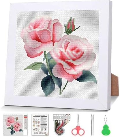 Pink Roses Stamped Cross Stitch Kits for Adult Beginner with Wooden Frame by VIGEGU