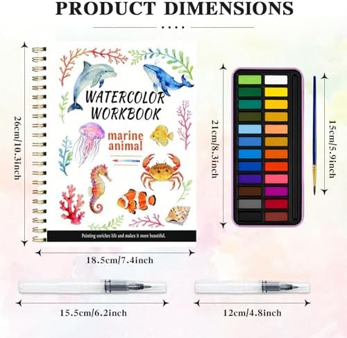 Watercolor Workbook - Water Coloring Book Set for Adults and Beginners, Water Colors Book 14 Ocean Animal 24 Color Watercolor Paint, 3 Brush Pens, 300g Watercolor Paper Gift for Art Lovers - Image 3