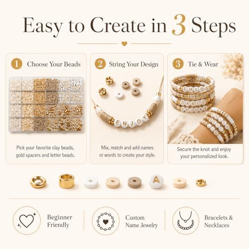 Believo 24-Grid DIY Clay Beads Bracelet Kit - 4 Soft Beige Colors Polymer Clay Beads + Golden Spacer Beads & Alphabet Beads + 5m Elastic Cord for Jewelry Making, Friendship Bracelets & Gift Crafts - Image 3