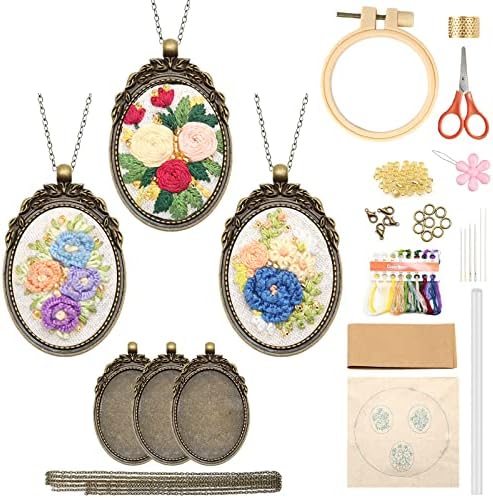 ZOCONE 3 Packs Embroidery Necklace Kit, Embroidery Pendant Kits Mini Cross Stitch Kit with Hoop, Necklace, Pendant, Beads, Stamped Pattern Cloth, Instructions, etc., Embroidery Kits for Adults by ZOCONE