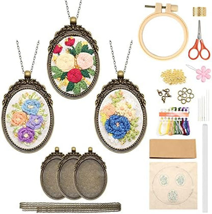 ZOCONE 3 Packs Embroidery Necklace Kit, Embroidery Pendant Kits Mini Cross Stitch Kit with Hoop, Necklace, Pendant, Beads, Stamped Pattern Cloth, Instructions, etc., Embroidery Kits for Adults by ZOCONE
