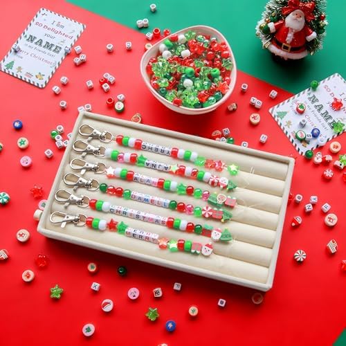 Tuhangcc 823 Pcs DIY Keychain Making Kit，Adjustable Letter Alphabet Beads Strings,Keychain Christmas Colors Pony Beads, 16 Charm Cards with Lobster Clasps & Strings for Christmas Favors - Image 2