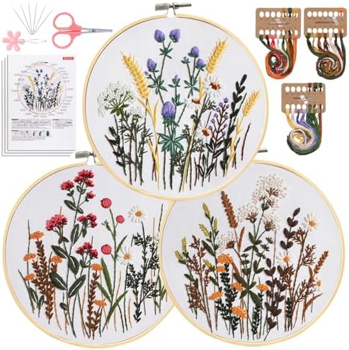 Santune 3 Pack Embroidery Kit for Beginners, Needlepoint Cross Stitch Kits for Adults,Needle Point Sets with Stamped Wild Flower Pattern Stitch Video Tutorial by Santune