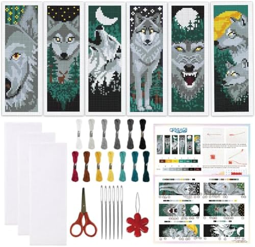 ORIGACH 6 Set Wolf & Forest Cross Stitch Bookmark Kit for Beginner by ORIGACH