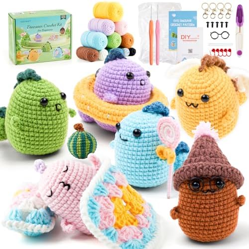 INSCRAFT Crochet Kit for Beginners, 6 Pack Dinosaurs Crochet Animal Kit,Starter Kit with Step-by-Step Video Tutorials, Learn to Crochet Kits for Adults, DIY Knitting Craft Supplies Gift by INSCRAFT