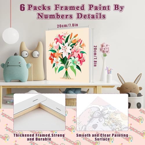 SYDYLH 6 Pack Paint by Numbers Kit with Frame, Easy Acrylic Painting for Kids & Adults, Flowers Paint by Number for Ages 6-12, 8x8 Inch DIY Art Set for Home Wall Decor - Image 2