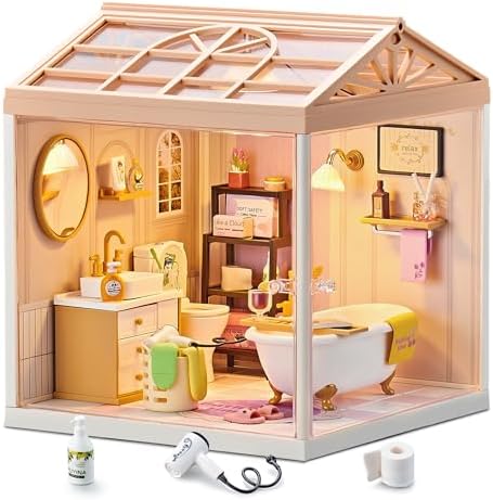 Cozy Bathroom DIY Miniature House Kit for Adults, 3D Dollhouse with LED Light & Dustproof Door, Stackable Connectable Display Case, Creative Gift for Self-Care Lovers Teens Women by BeepZipp