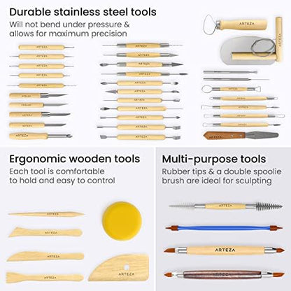 ARTEZA Pottery & Sculpting Tools, 42-Piece Clay Tools Set with Wooden Handles & Steel Tips for Polymer Clay, Ceramics, Carving, Modeling, Shaping & Smoothing - Image 2