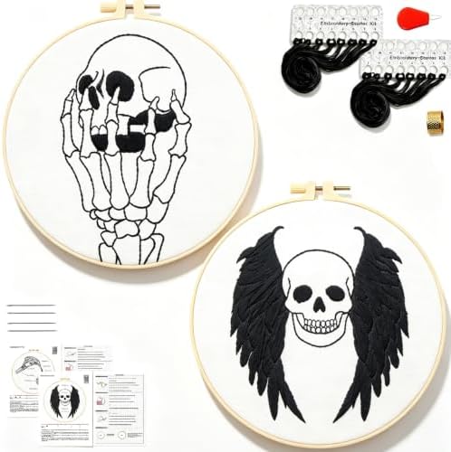 Skull Halloween Embroidery Kits for Beginners Adults, Gothic Embroidery Sets Needlepoint Kits, Halloween Stamped Cross Stitch Kits for Beginners Adults, 2 Embroidery Hoops (Attached Video Tutorial) by Armindou