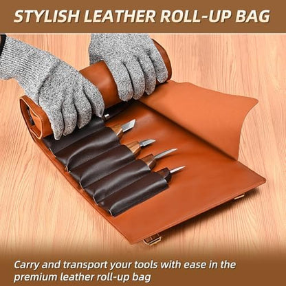 IMYMEE Deluxe Wood Carving Kit - 21Pcs Wood Carving Tools with Leather Storage Bag,Wood Carving Tools Set with 8Pcs Whittling Knives, 8Pcs Detail Carving Knives,Wood Whittling Kit for Beginners - Image 5