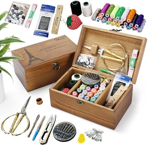 MKNZOME Wooden Sewing Basket - Sewing Box with Supplies for Travel Home by MKNZOME