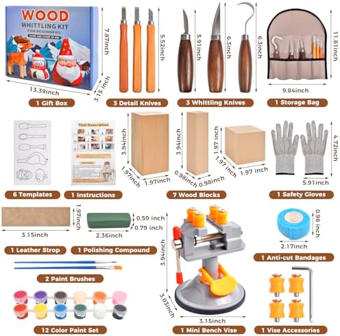 Wood Carving Tools Kit - 40pcs Whittling Kit with Mini Bench Vise, 6pcs Knives, 7pcs Blocks, 12 Colors of Paint, 6 Template, Gloves, Manual, Complete Woodworking Set for Beginners, Whittling Gifts - Image 2