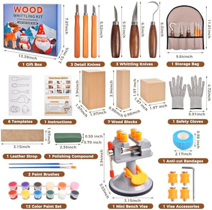 Wood Carving Tools Kit - 40pcs Whittling Kit with Mini Bench Vise, 6pcs Knives, 7pcs Blocks, 12 Colors of Paint, 6 Template, Gloves, Manual, Complete Woodworking Set for Beginners, Whittling Gifts - Image 2