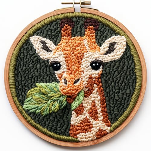 Punch Needle Kits for Beginners Cute Baby Giraffe Chewing Leaf 20x20cm(2) by Unknown