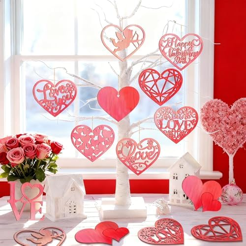 80PCS Wooden Heart Ornaments to Paint Valentine's Day Craft,10 Styles DIY Blank Unfinished Wood Heart Cutouts Ornament for Crafts Spring Tree Hanging Decorations Love - Image 4