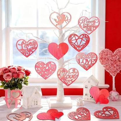 80PCS Wooden Heart Ornaments to Paint Valentine's Day Craft,10 Styles DIY Blank Unfinished Wood Heart Cutouts Ornament for Crafts Spring Tree Hanging Decorations Love - Image 4