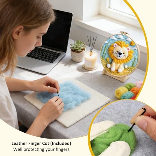 Zovylks Needle Felting Kit for Adults, 7.9 Inch Wool Felt Painting DIY Craft Set for Beginners, Needle Felt Starter Kit with Picture Frame, Foam Pad, Finger Cot (Lion) - Image 5