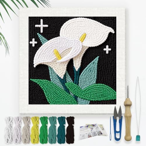 Doodlream Calla Lily Flower Needle Kit for Beginner, 9.4"x 9.4" Elegant Floral Punch Stitching Craft Set, Color DIY Embroidery Starter with Printed Frame, Instruction, Threader, Yarn, Pinch Needle by Doodlream