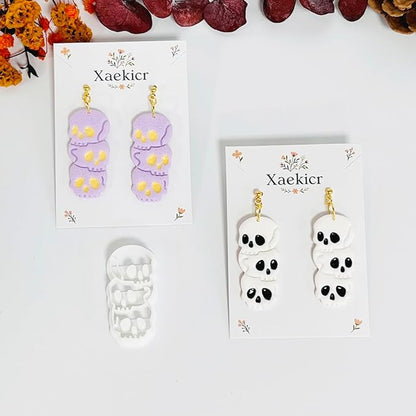 Xaekicr Halloween Skull Polymer Clay Cutters – 3-Stacked Skull Shape Clay Earring Cutters for DIY Jewelry, Polymer Clay Molds, Clay Tools – Halloween Cookie & Earring Making Supplies