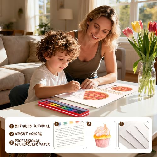 Watercolor Workbook for Adults, Beginner Friendly Watercolor Painting Kit Baking Pattern Water Coloring Book, Nature-Themed Practice Art Gift Water Color Paint Book with Palette and Brush - Image 5