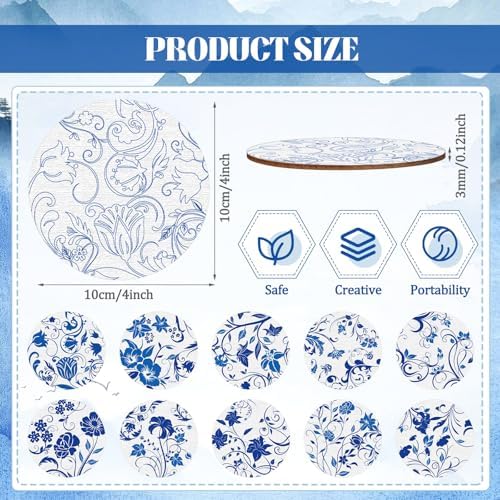 Reallnaive 45 Pcs Blue Flower Wooden Coasters Painting Kit, 4 Inch Paint Your Own Boho Coasters with Markers, Arts and Crafts for Adults Women Seniors Elderly Crafters Gifts - Image 2