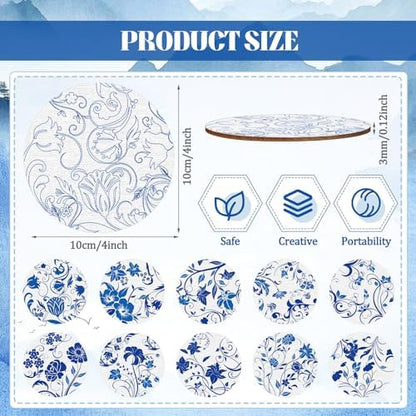 Reallnaive 45 Pcs Blue Flower Wooden Coasters Painting Kit, 4 Inch Paint Your Own Boho Coasters with Markers, Arts and Crafts for Adults Women Seniors Elderly Crafters Gifts - Image 2