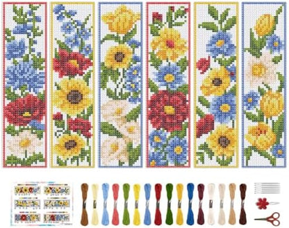 BEUNITONE 6 Pcs Flowers Cross Stitch Bookmark Kit for Adults Beginners Vivid Floral DIY Stamped Embroidery Bookmark Punch Needle Kit with Instructions for Book Lovers Reader Writer Gift 8''x2.4'' by BEUNITONE