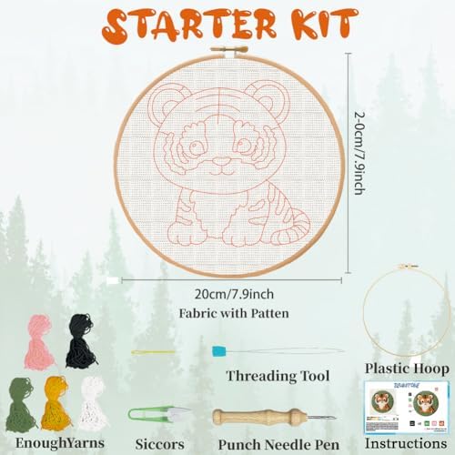 BEUNITONE Cute Tiger Punch Needle Kit for Adults Beginners, Complete DIY Craft Needlepoint Kits with Hoop, Punch Needle Starter Craft Embroidery Set for Festival Gift and Cloth Home Decor 20x20cm - Image 2