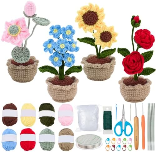 ACRNIGHEET Crochet Kit for Beginners 4 Pcs Flower Pot Crochet Kit Kinitting Kits for Beginners Adults Amigurumi Crafts Ornament with Step-by-Step Video Tutorials by ACRNIGHEET