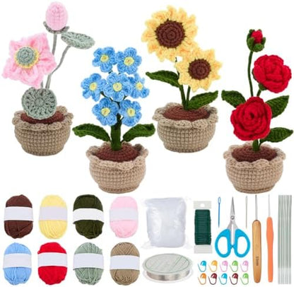 ACRNIGHEET Crochet Kit for Beginners 4 Pcs Flower Pot Crochet Kit Kinitting Kits for Beginners Adults Amigurumi Crafts Ornament with Step-by-Step Video Tutorials by ACRNIGHEET