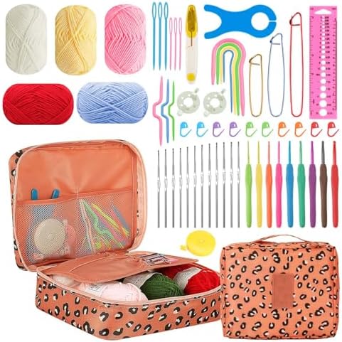 HATINXIA 58pcs Crochet Kit Beginners, Crochet Hook Set with Yarn, Portable Crocheting Kit for Starter, Ergonomic Crochet Needles Tools DIY Knitting Accessories for Experienced Crochet Lovers, Leopard by HATINXIA