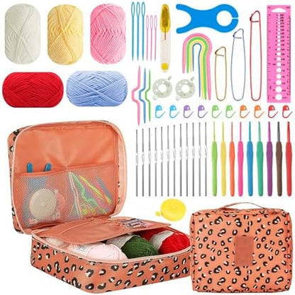 HATINXIA 58pcs Crochet Kit Beginners, Crochet Hook Set with Yarn, Portable Crocheting Kit for Starter, Ergonomic Crochet Needles Tools DIY Knitting Accessories for Experienced Crochet Lovers, Leopard by HATINXIA