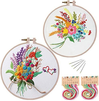 Konrisa Stamped Embroidery Kit with Pattern Floral DIY Sewing Cross Stitch Kits for Adult Flowers Plants Embroidery Starter Kit with Embroidery Floss,Hoops,Color Thread,Needle,Instruction,Set of 2 by Konrisa