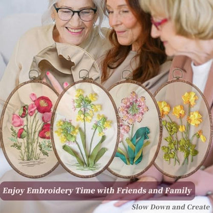 FONNUY Ribbon Embroidery 3D Flowers Pattern Design Kit Embroidery DIY Handwork Set Oval Home Decoration (Yellow Begonia) - Image 5