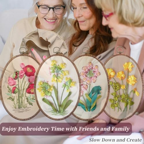 FONNUY Ribbon Embroidery 3D Flowers Pattern Design Kit Embroidery DIY Handwork Set Oval Home Decoration (Red Rose) - Image 5