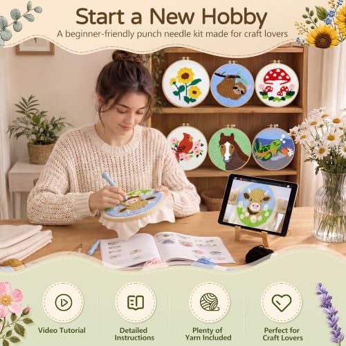 CYANFOUR Punch Needle Kit for Beginners, Sunflower Punch Needle Kits Adults, Craft Kits for Adults with 2 Pre-Printed Fabrics, Embroidery Hoop, Threads, DIY Gift and Home Decor 20 * 20cm - Image 4