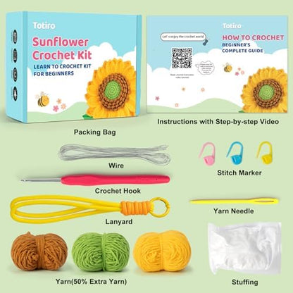 Totiro Crochet Kit for Beginners, Sunflower Amigurumi Starter Kit, Easy DIY Craft Set with Step-by-Step Video Tutorials, Flower Crochet Pattern Learning Kit for Teens Adults Birthday Gift with Lanyard - Image 4