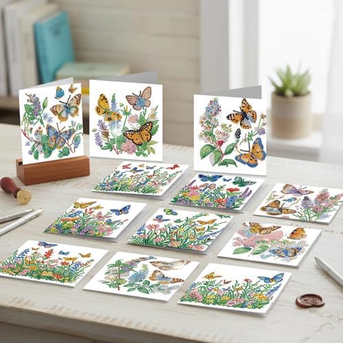 jinglinhh 12pcs Diamond Art Painting Butterfly Among Flowers Greeting Cards with Envelopes, DIY Card Making Kits for Adults, Diamond Art Christmas Cards for Birthday Holiday Gifts - Image 5