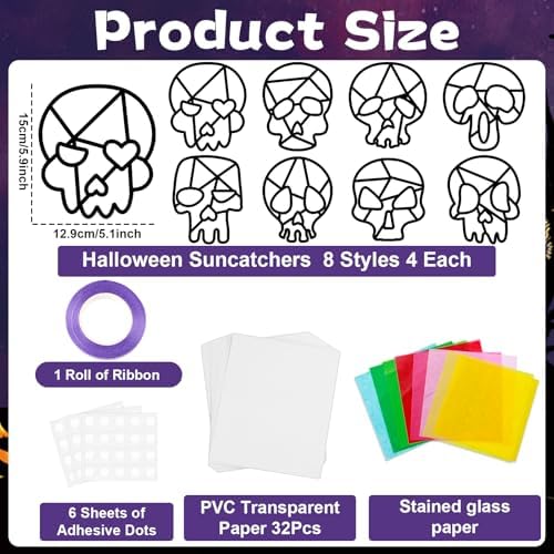 Lonfliness 32 Sets Sugar Skull Suncatchers Crafts Kit DIY Day of The Dead Window Stained Glass Effect Paper Halloween Dia de Los Muertos Easter Art Craft Creative Activity Project Gift Favor - Image 2