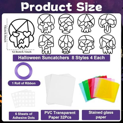 Lonfliness 32 Sets Sugar Skull Suncatchers Crafts Kit DIY Day of The Dead Window Stained Glass Effect Paper Halloween Dia de Los Muertos Easter Art Craft Creative Activity Project Gift Favor - Image 2